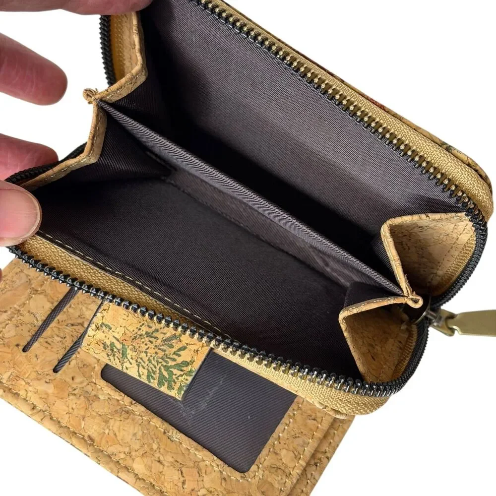 Cork Bifold Wallet Coin Purse Printed Leaf Retro Vegan Zip Around